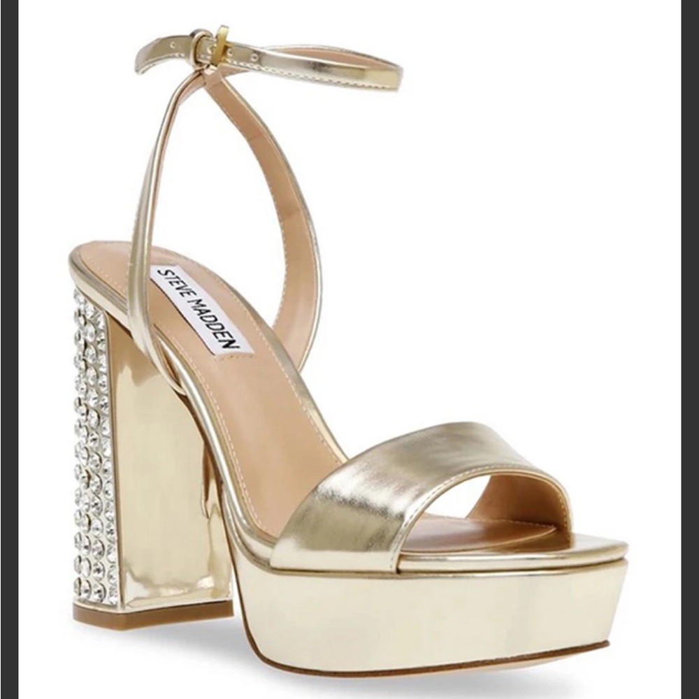 Gold Platform Ankle-Strap Sandal with Crystal Block Heel NWOT - Picture 2 of 9